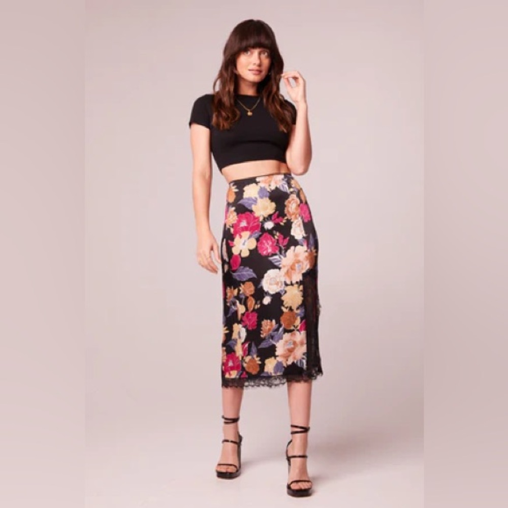 Floral Satin Midi Skirt - Black Multi - Picture 2 of 5